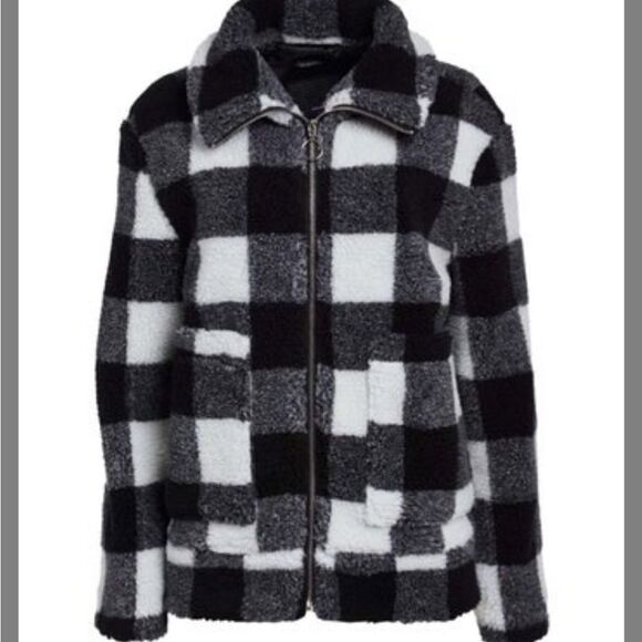 New Steve Madden Black & White Buffalo Plaid Fleece Zip-Up Women's Jacket - Picture 5 of 12